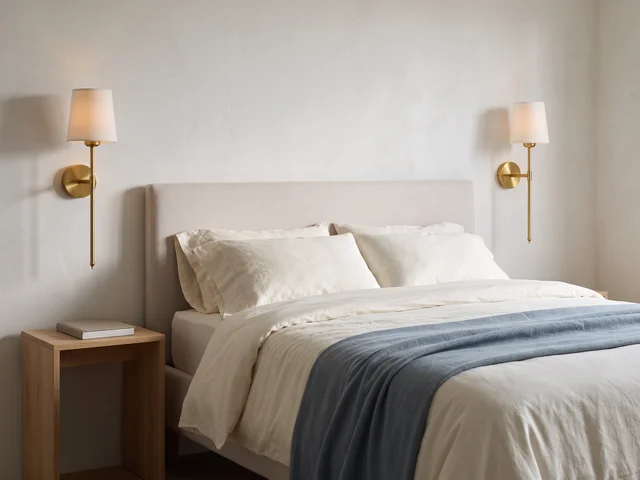 Illustrative bedroom with gold wall sconces, pale bedding and a blue throw