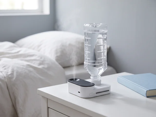 Illustrative compact bottle humidifier on a white bedside table in daylight