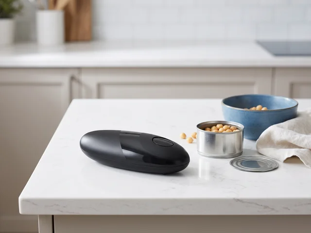 Illustrative black electric can opener with a food tin and blue bowl in a bright kitchen