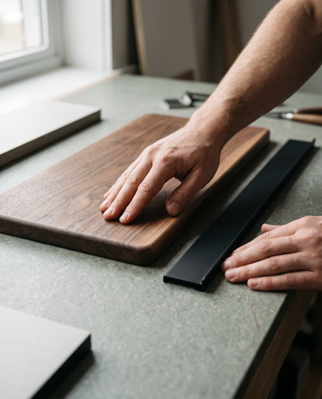 Hands checking the finish of a wooden surface