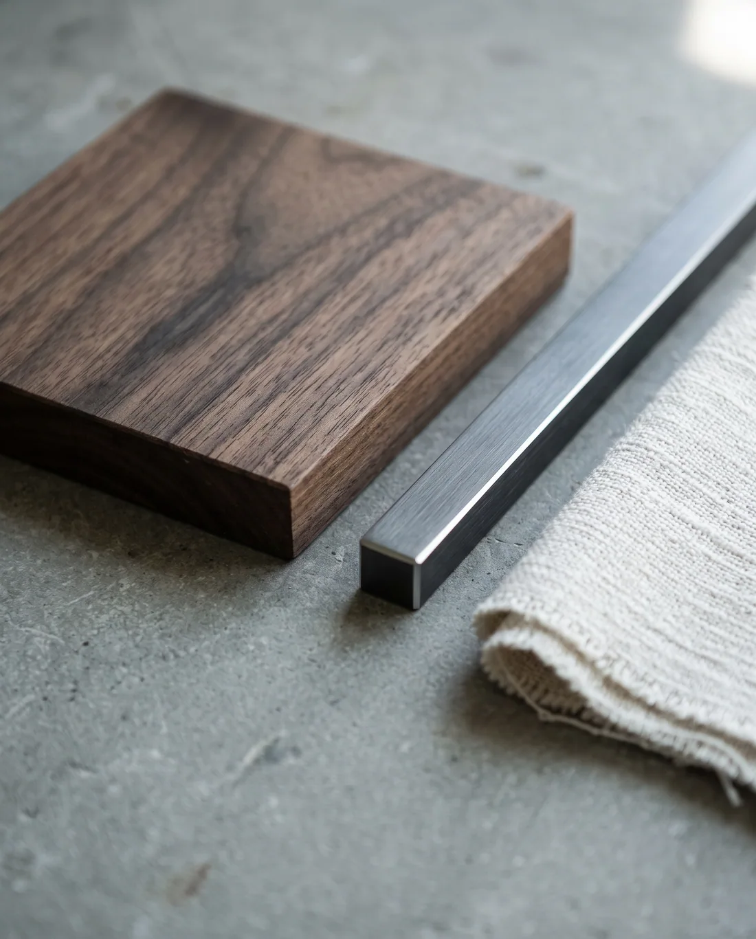 Wood, metal and fabric material samples arranged on a work surface