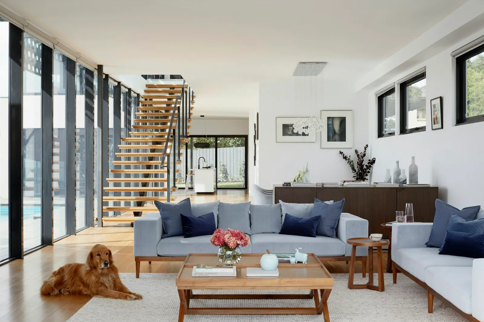 An open home interior with distinct areas for everyday activities