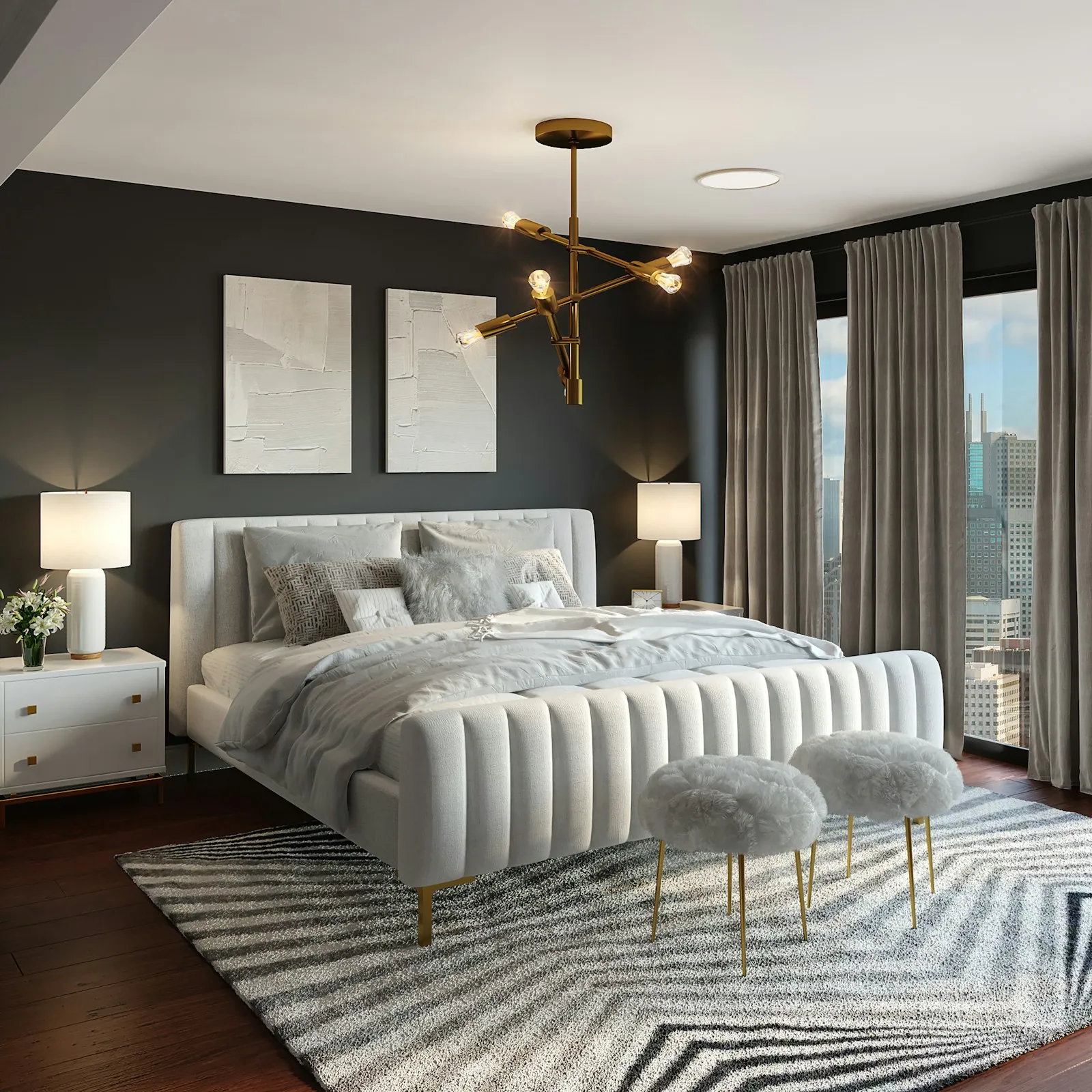 A softly lit bedroom with a restrained neutral palette