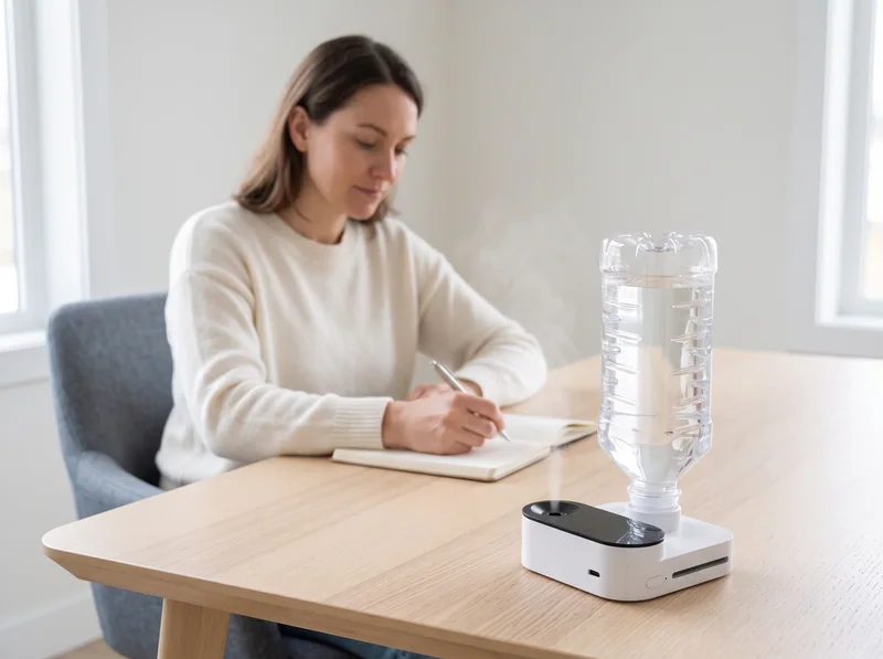 Illustrative commercial scene of a woman writing beside a portable bottle humidifier