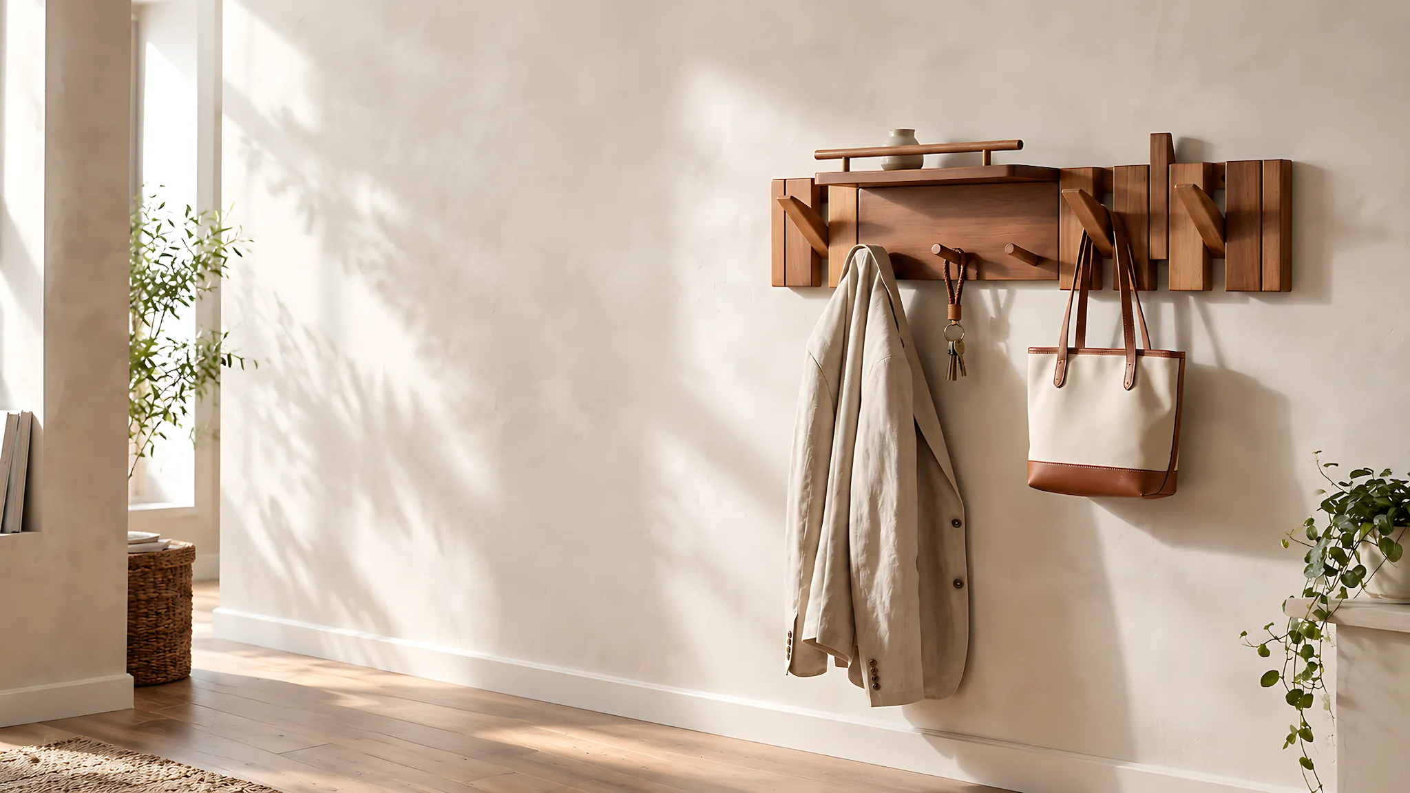 Wooden wall hanger with a coat, keys and tote in a sunlit entryway