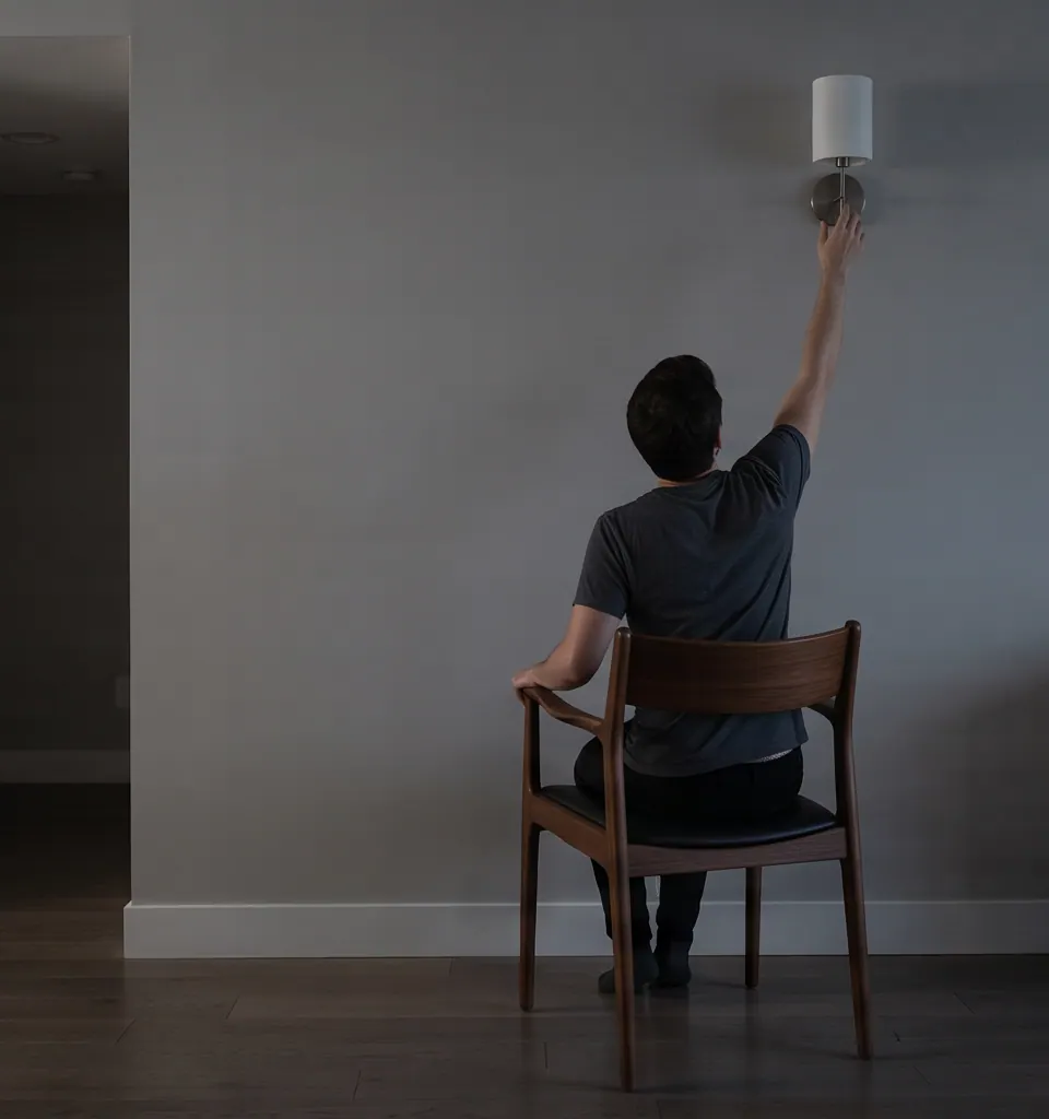 A person reaching for a fixed wall light beside a reading chair