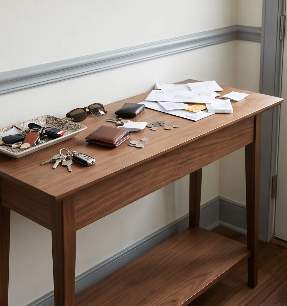 Keys and small everyday items scattered across an entryway console