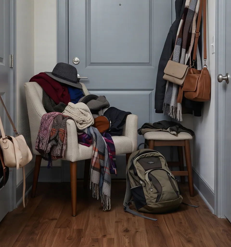 Scarves and bags crowding a small home entryway