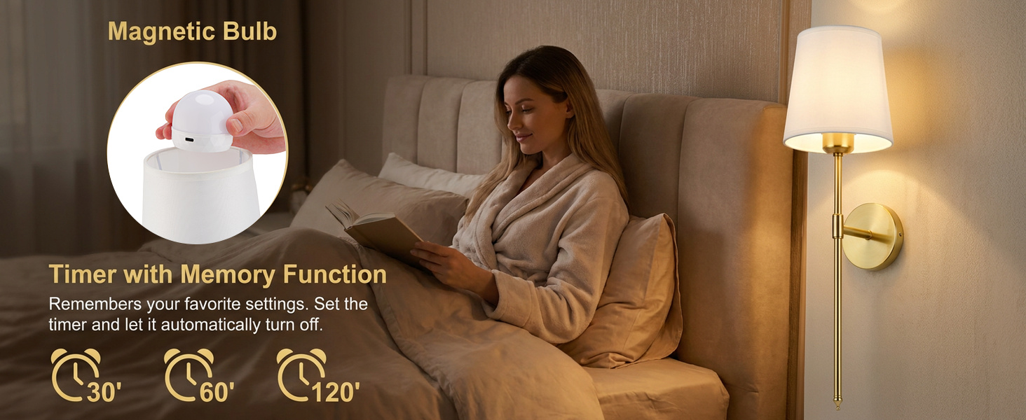 Magnetic bulb and timer controls beside a reading chair. Product imagery supplied for the rechargeable gold wall sconce pair.