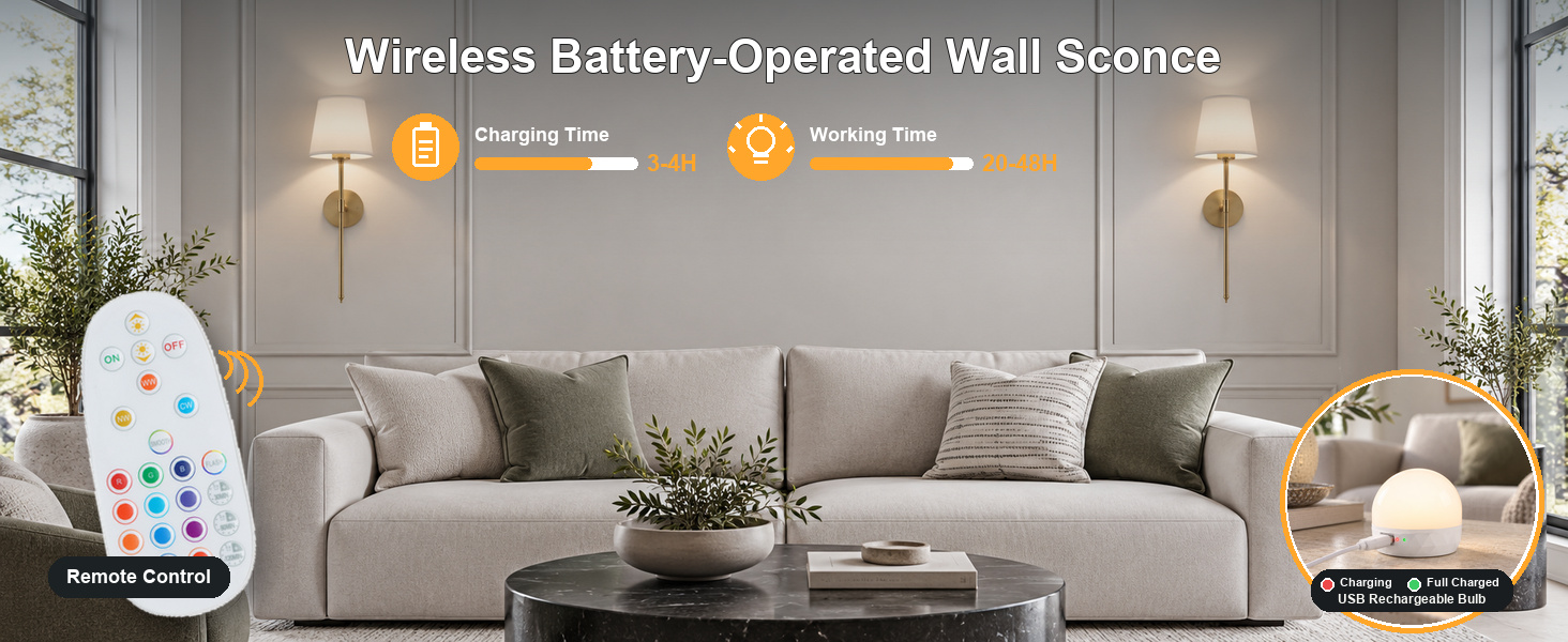 Rechargeable wall sconce and remote in a room setting. Product imagery supplied for the rechargeable gold wall sconce pair.
