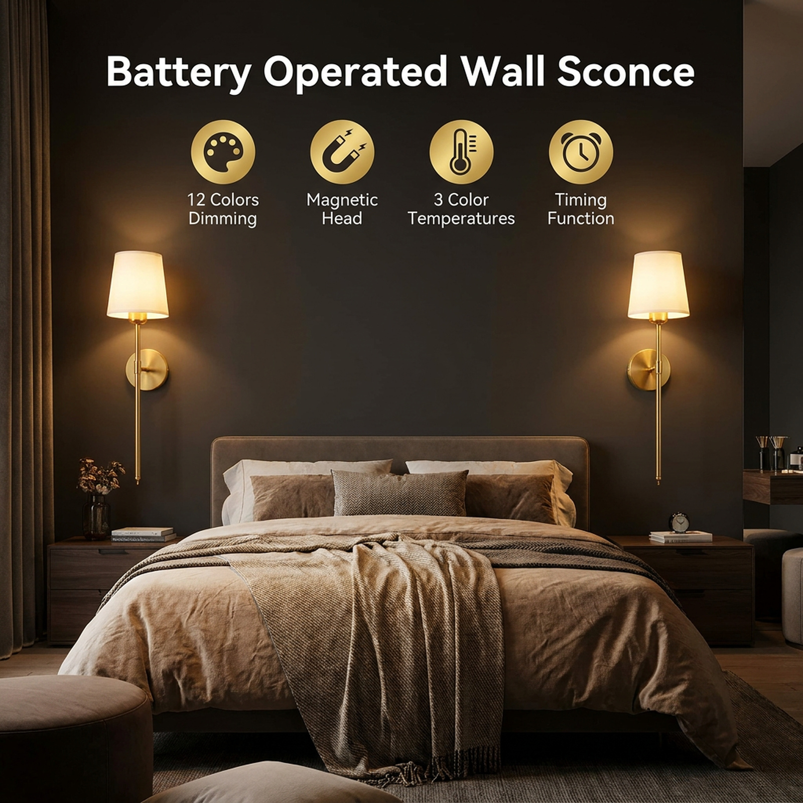 Pair of gold wall sconces above a bed
