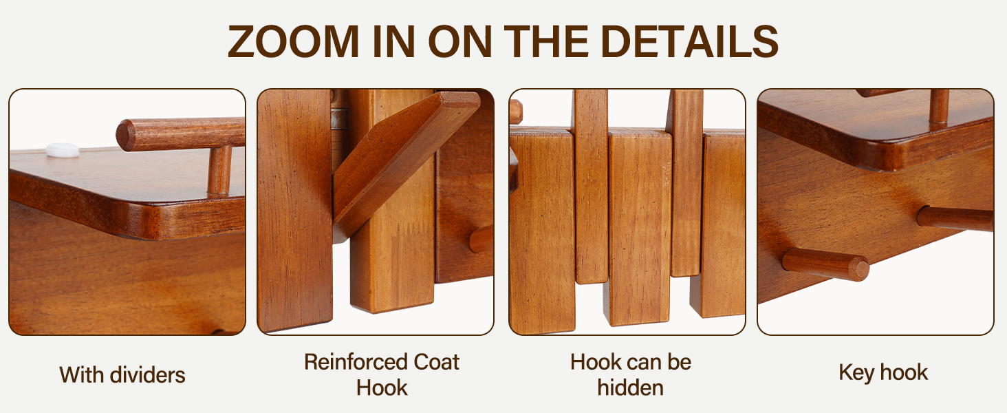 Close-up details of the shelf dividers, reinforced coat hooks, concealed hooks and key hooks.