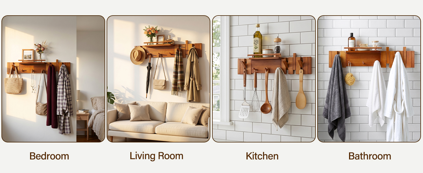 Coat rack installation examples in a bedroom, living room, kitchen and bathroom.