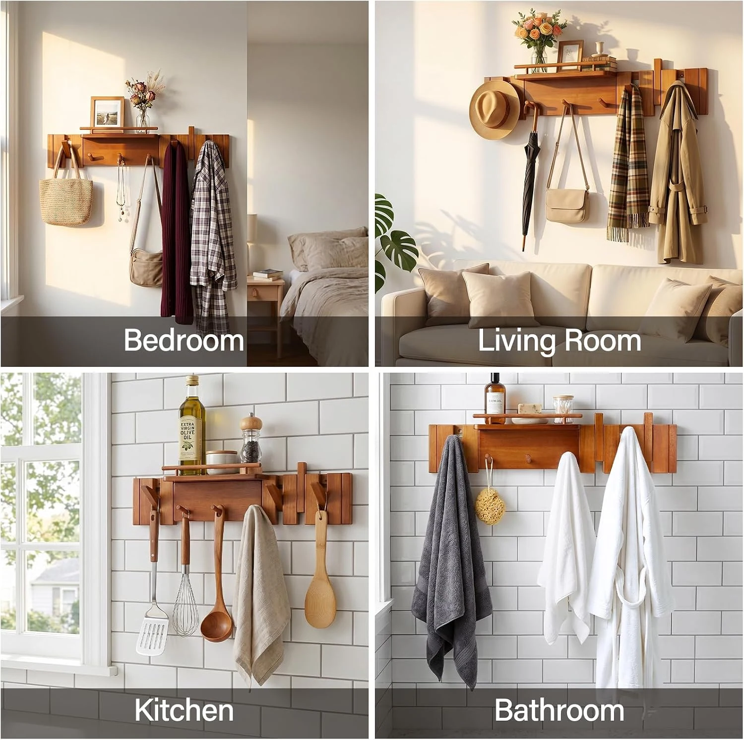 Wall-mounted hanger shown in several room settings