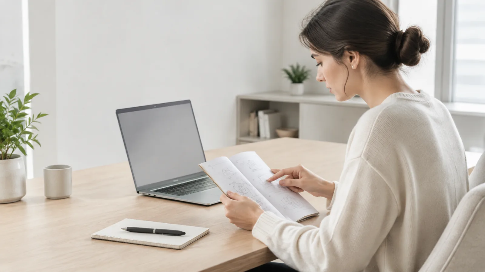 A person reading a product instruction guide at a desk